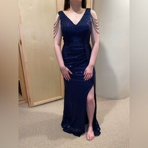 NWOT Elegant Navy Blue Prom Evening Dress Beading Bling Size 0/2